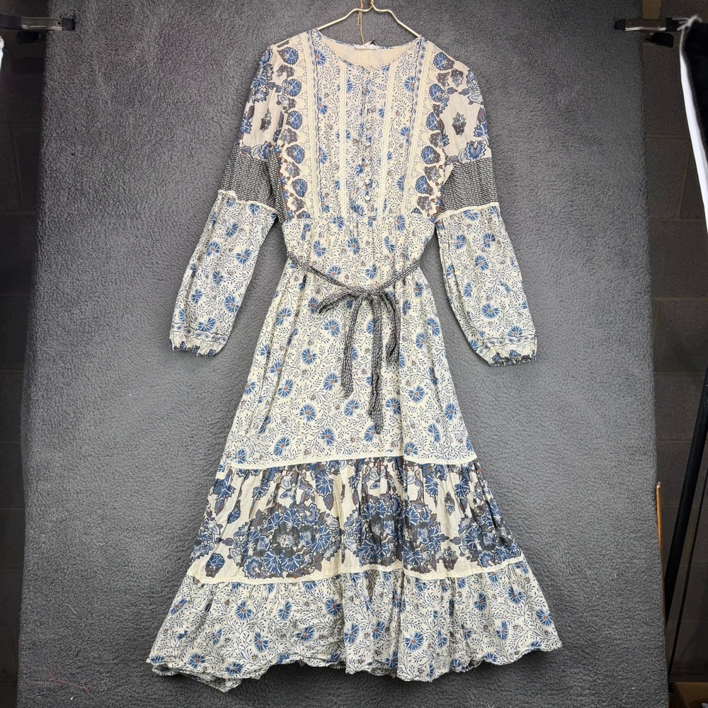 A Loves A Blue Floral Boho Midi Dress Lace Trim Tiered Long Sleeve Medium